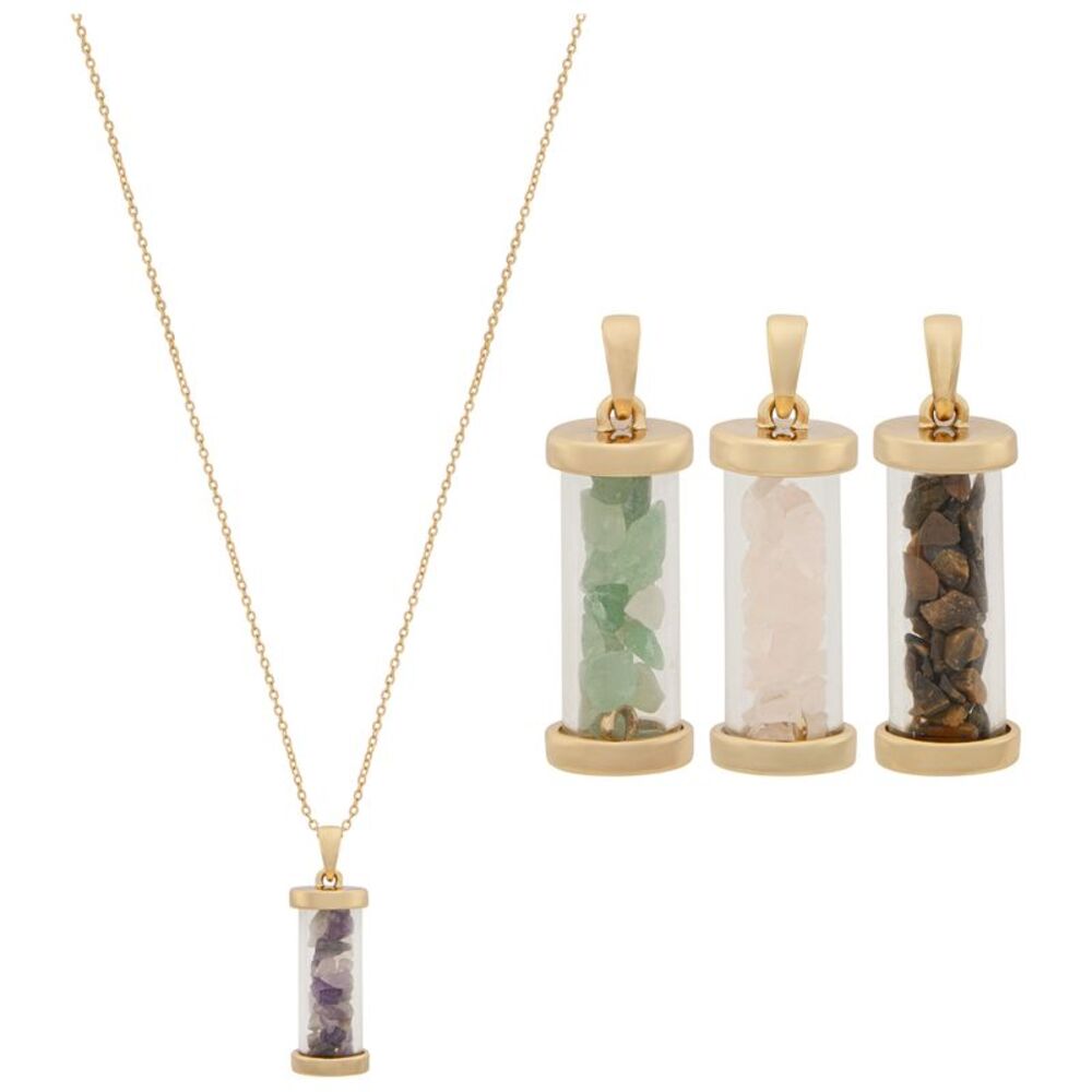 Gemstone Chip Filled Cylinder Shaped Pendant Necklace Set - 4 Pendant Vials